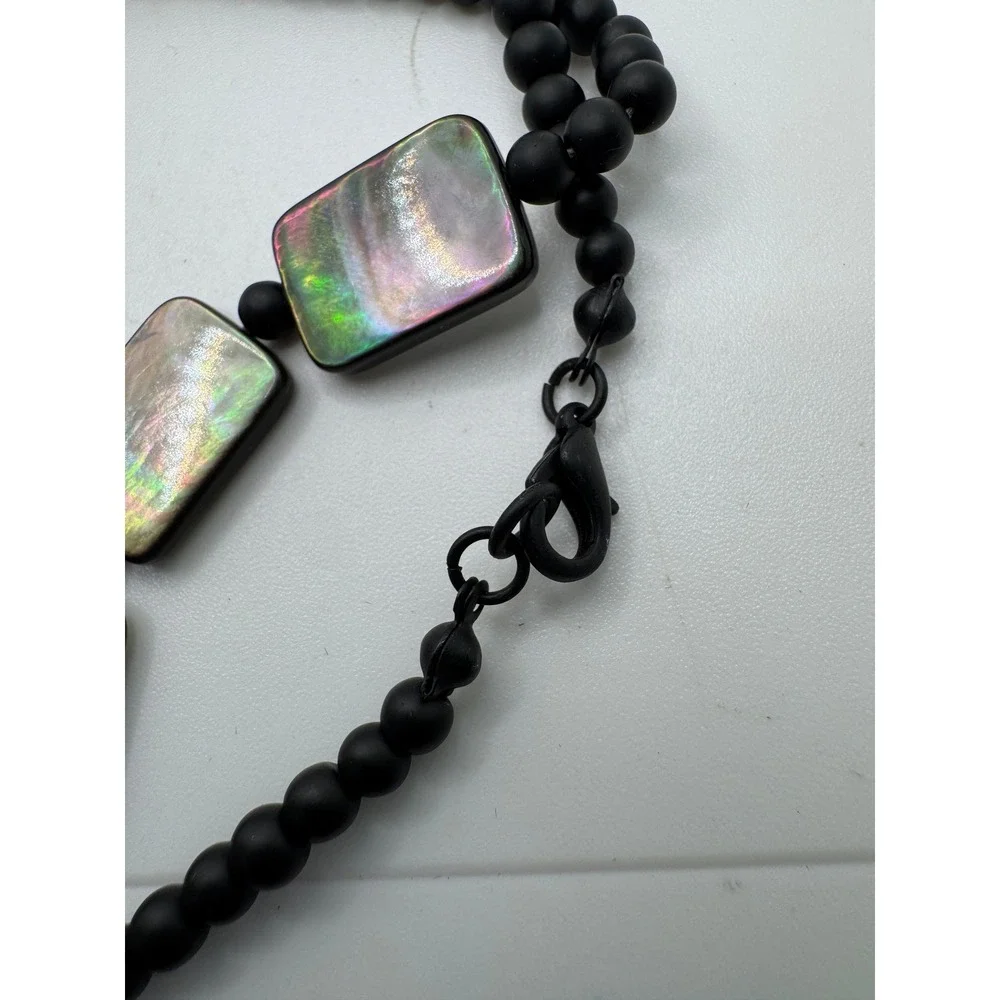Black Matte Beaded Necklace Iridescent Rectangle Shell Abalone Style Long 36